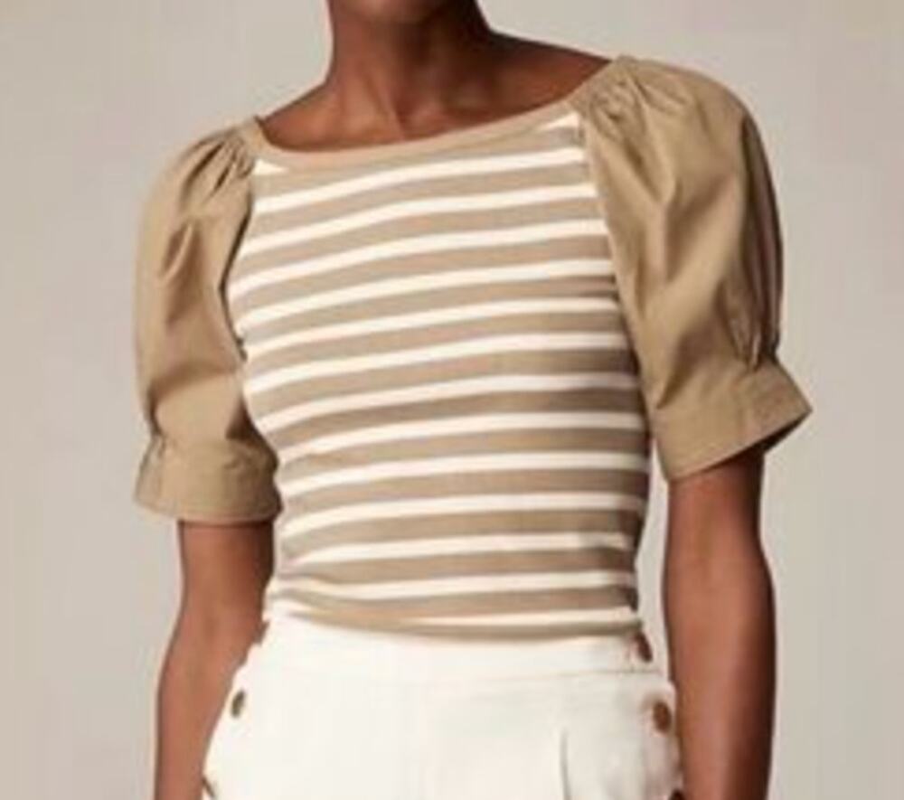 J. Crew Short Puff Sleeve Striped Ribbed Top Tee Shirt Tan Cream Large